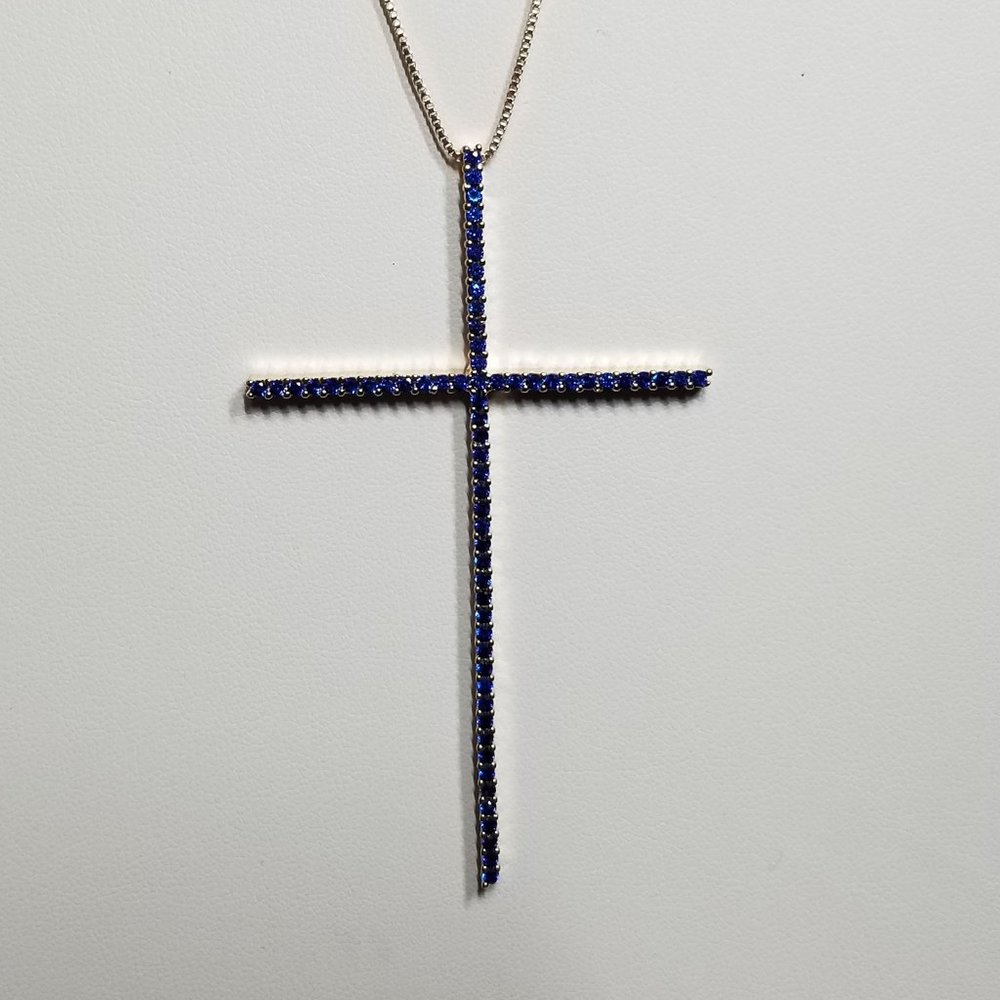AAA Zircon & Copper Cross Necklace. Blue & Gold - Picture 2 of 8